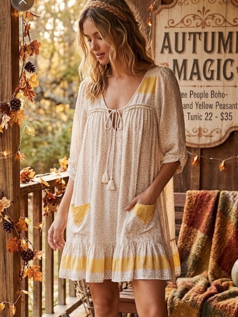 Free people Boho-Inspired Cream and Yellow Peasant Tunic ptp 22